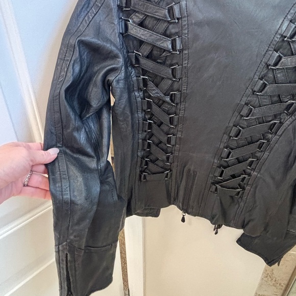 Affliction Black Leather Jacket with Purple Lining - Picture 4 of 5